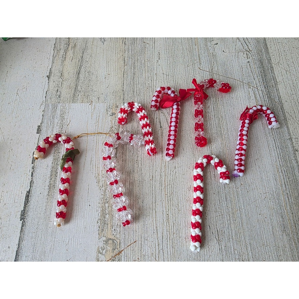 Vintage beaded candy cane ornament red white Xmas tree